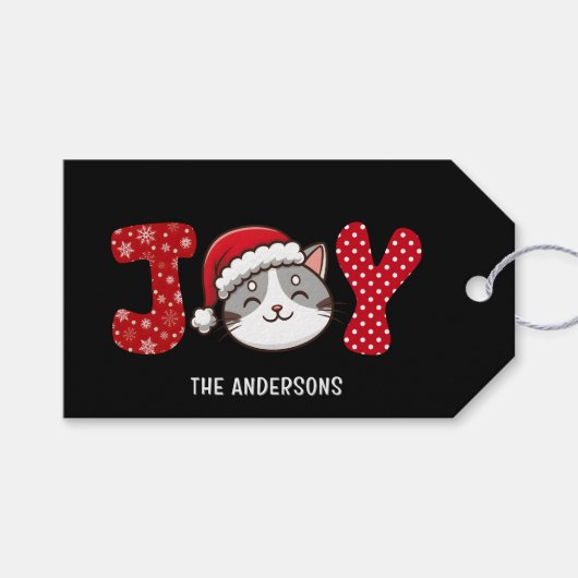 Christmas Kitty Cat "JOY" Custom Cadeaulabel (Voorkant (Horizontaal))