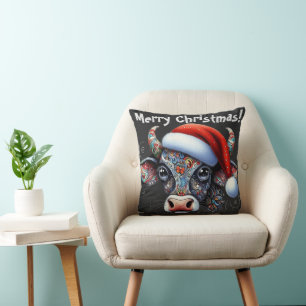 Christmas Koe Bull w / Santa Hat Red Floral Black Kussen