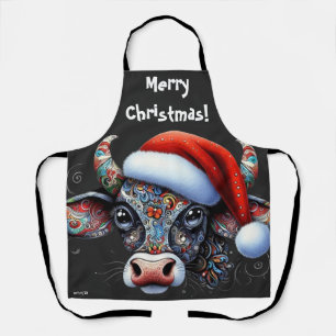 Christmas Koe Bull w / Santa Hat Red Floral Black Schort