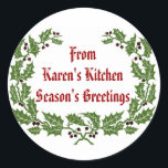 Christmas Label Season's Groeten bakken, eten<br><div class="desc">Deze 3 inch sticker is perfect voor al die wonderlijk goede dingen die je dit jaar gaat bakken. Dit is volledig aanpasbaar,  zodat u het bericht kunt wijzigen. Of u nu blikt,  bakt of gewoon een beetje kerstgejuich aflevert,  deze zullen er die extra speciale touch aan toevoegen.</div>