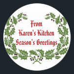 Christmas Label Season's Groeten bakken, eten<br><div class="desc">Deze 3 inch sticker is perfect voor al die wonderlijk goede dingen die je dit jaar gaat bakken. Dit is volledig aanpasbaar,  zodat u het bericht kunt wijzigen. Of u nu blikt,  bakt of gewoon een beetje kerstgejuich aflevert,  deze zullen er die extra speciale touch aan toevoegen.</div>