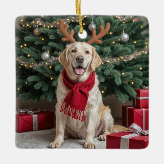 Christmas Labrador Retriever met gewei Keramisch Ornament (Voorkant)