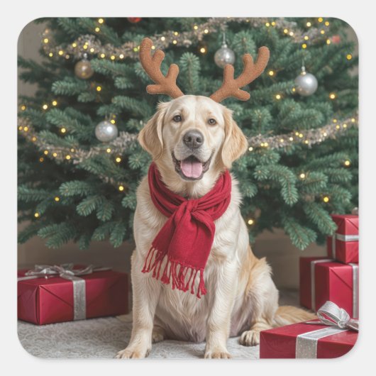 Christmas Labrador Retriever met gewei Vierkante Sticker (Voorkant)