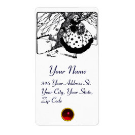 CHRISTMAS LADY, WINTER BIRDS Black White Red Gem Etiket
