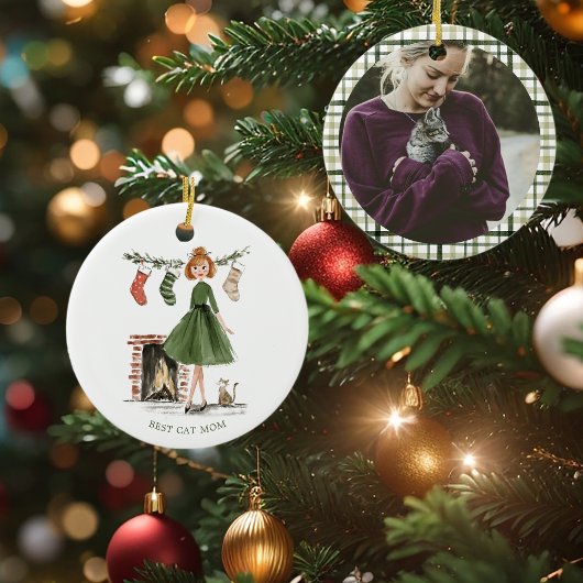 Christmas Lady with Cat Personalized Photo Keramisch Ornament
