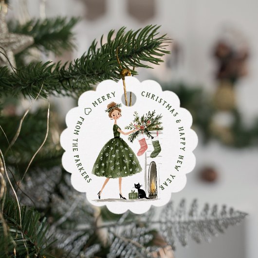 Christmas Lady with Cat Personalized Plaid Holiday Bedankjes Labels