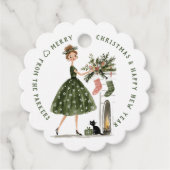 Christmas Lady with Cat Personalized Plaid Holiday Bedankjes Labels (Voorkant)