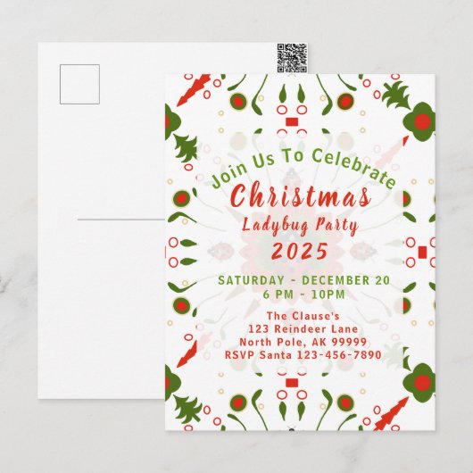 Christmas Ladybug Party Red White Green Briefkaart (Voorkant / Achterkant)