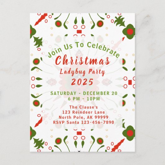 Christmas Ladybug Party Red White Green Briefkaart (Voorkant)