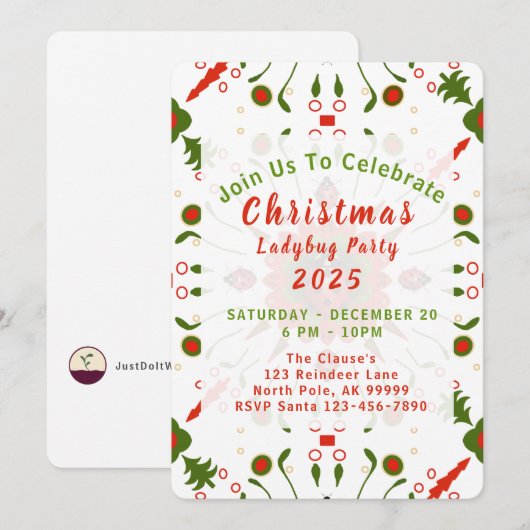 Christmas Ladybug Party Red White Green Kaart (Voorkant / Achterkant)