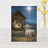 Christmas Lamb Watching the Nativity Scene Kaart (Gele Bloem)