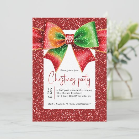 Christmas large red and green bow holiday party kaart (Staand voorkant)
