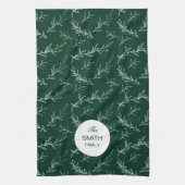 Christmas Leaves Green Pattern Custom Family Name Theedoek (Verticaal)