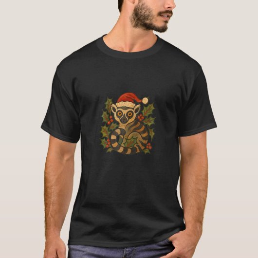 Christmas Lemur Wearing a Santa Hat Holiday Zoo An T-shirt (Voorkant)