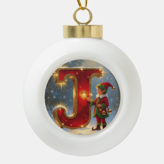 Christmas Letter J Ornament | Red Gold Monogram (Voorkant)