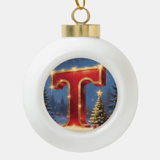Christmas Letter T Ornament | Red Gold Monogram (Voorkant)