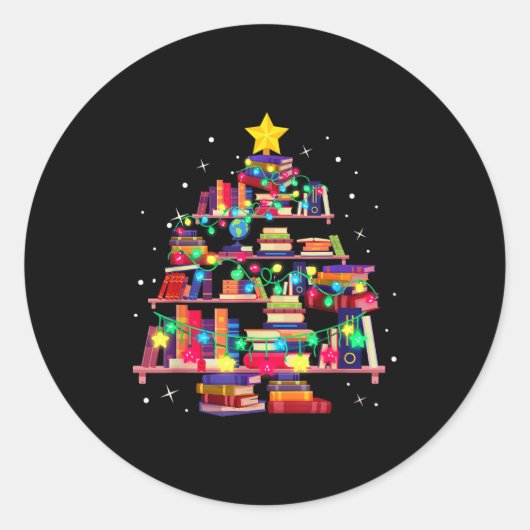 Christmas Library Tree Love Reading Books Nerd Tea Ronde Sticker (Voorkant)