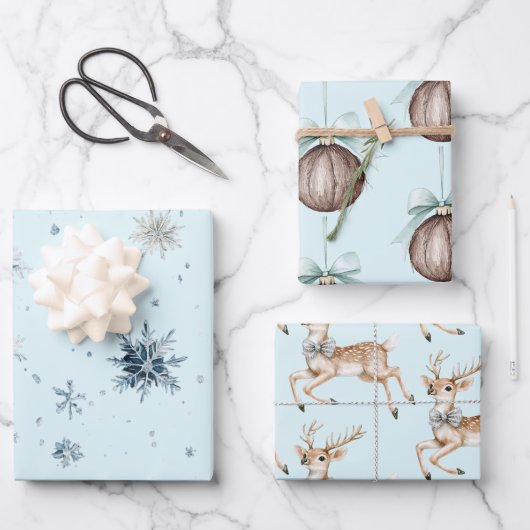 Christmas Light Blue Snowflakes Deer Coconut   Inpakpapier Vel (Voorkant)