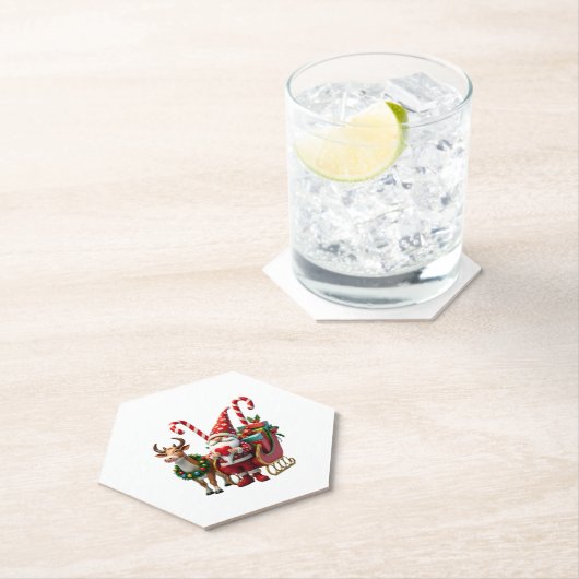 Christmas Light Gnome Santa Claus Riding Sleigh Hi Kartonnen Onderzetters (Insitu)