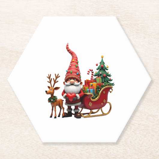 Christmas Light Gnome Santa Claus Riding Sleigh Hi Kartonnen Onderzetters (Voorkant)
