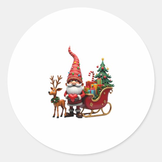 Christmas Light Gnome Santa Claus Riding Sleigh Hi Ronde Sticker (Voorkant)