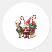 Christmas Light Gnome Santa Claus Riding Sleigh Hi Ronde Sticker (Voorkant)
