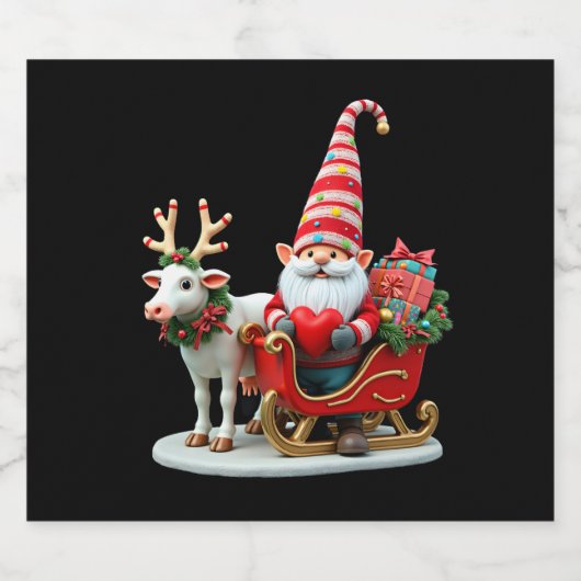 Christmas Light Gnome Santa Claus Riding Sleigh Hi Sparkling Wijnetiket (Enkel label)