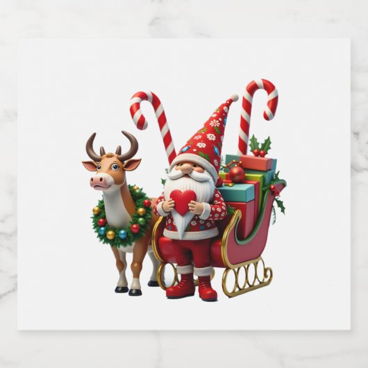 Christmas Light Gnome Santa Claus Riding Sleigh Hi Sparkling Wijnetiket (Enkel label)