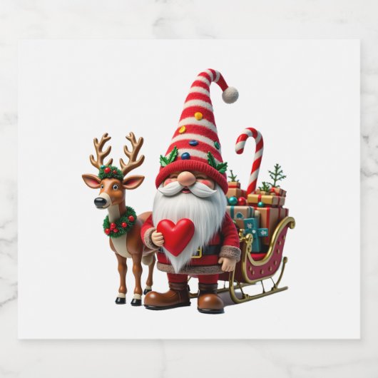 Christmas Light Gnome Santa Claus Riding Sleigh Hi Sparkling Wijnetiket (Enkel label)