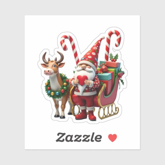 Christmas Light Gnome Santa Claus Riding Sleigh Hi Sticker (Vel)