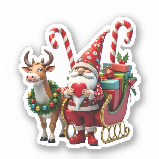Christmas Light Gnome Santa Claus Riding Sleigh Hi Sticker (Voorkant)
