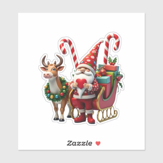 Christmas Light Gnome Santa Claus Riding Sleigh Hi Sticker (Vel)