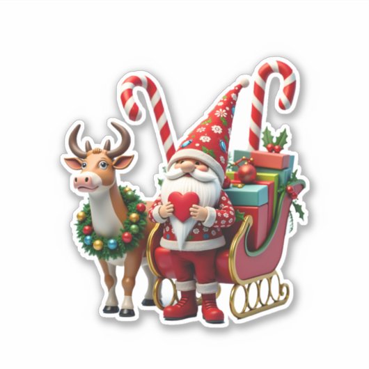 Christmas Light Gnome Santa Claus Riding Sleigh Hi Sticker (Voorkant)