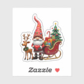 Christmas Light Gnome Santa Claus Riding Sleigh Hi Sticker (Vel)