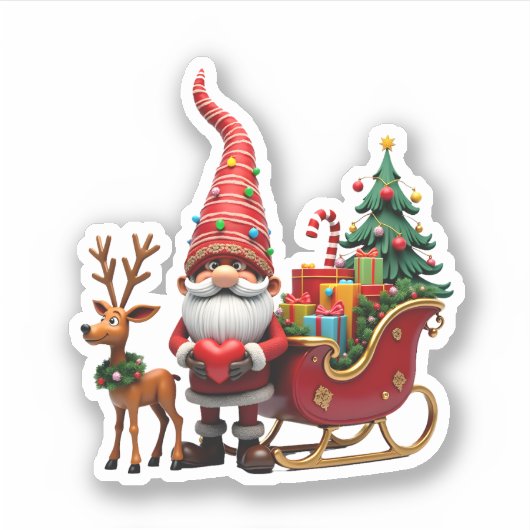 Christmas Light Gnome Santa Claus Riding Sleigh Hi Sticker (Voorkant)