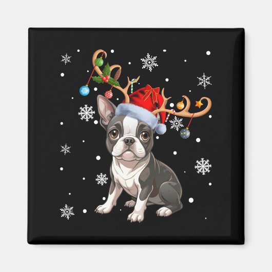 Christmas Light Reindeer Santa Hat Boston Terrier  Magneet (Voorkant)