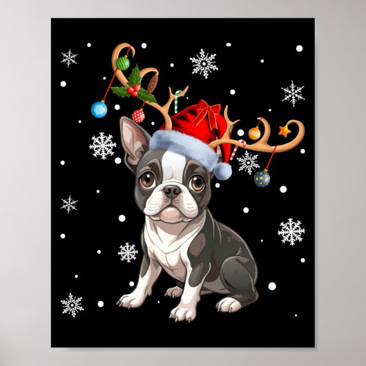 Christmas Light Reindeer Santa Hat Boston Terrier  Poster (Voorkant)