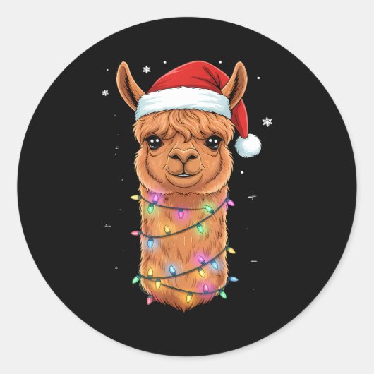 Christmas Lights Alpaca Santa Hat Llama Cute Xmas  Ronde Sticker (Voorkant)