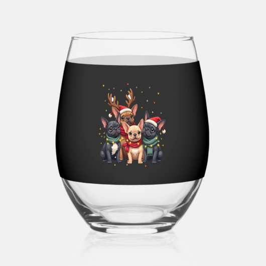 Christmas Lights French Bulldogs Xmas Frenchie Dog Wijnglas Zonder Voet (Voorkant)