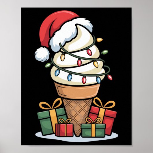 Christmas Lights Ice Cream Cone With Santa Hat Des Poster (Voorkant)