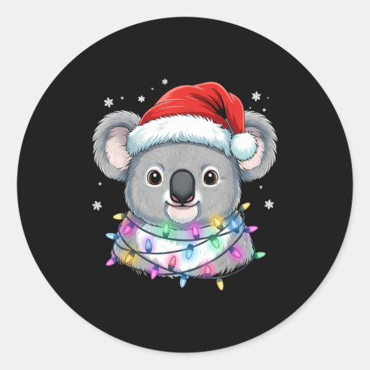 Christmas Lights Koala Santa Hat Cute Xmas Pajamas Ronde Sticker (Voorkant)