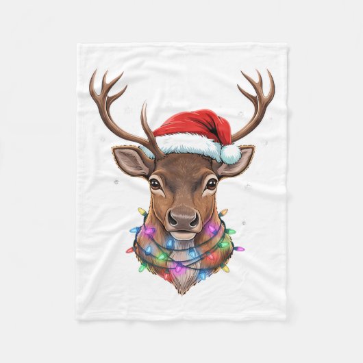 Christmas Lights Reindeer Santa Hat Cute Xmas Paja Fleece Deken (Voorkant)