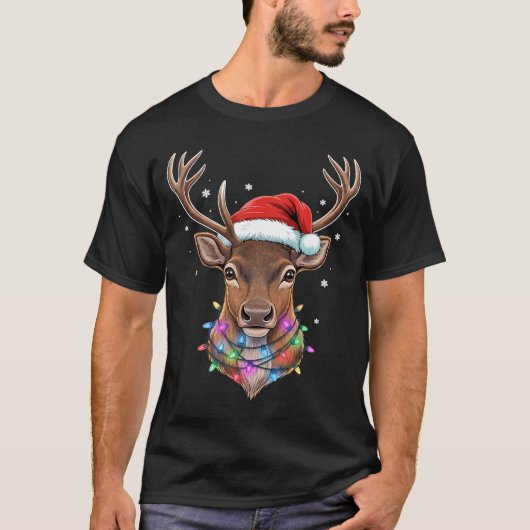 Christmas Lights Reindeer Santa Hat Cute Xmas Paja T-shirt (Voorkant)