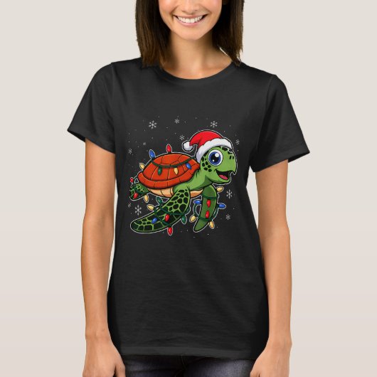 Christmas Lights Turtle Wearing Xmas Hat - Lover  T-shirt (Voorkant)