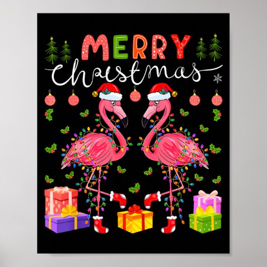 Christmas Lights Xmas Flamingo Lover Santa Hat Fla Poster (Voorkant)