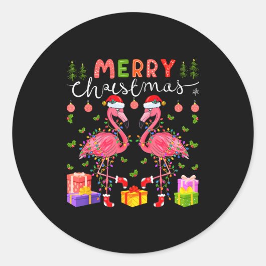 Christmas Lights Xmas Flamingo Lover Santa Hat Fla Ronde Sticker (Voorkant)