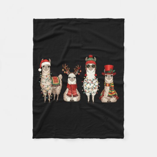 Christmas Llama Quartet Lights Santa Antlers Top H Fleece Deken (Voorkant)