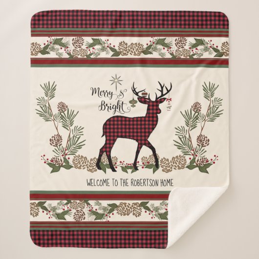 Christmas Lodge Merry Bright Deer Buffalo Plaid Sherpa Deken (Voorkant)