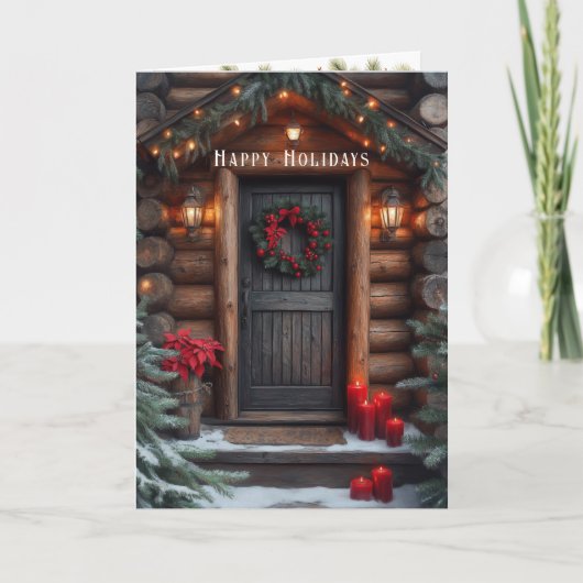 Christmas Log Cabin Pine Trees Red Poinsettia  Kaart (Voorkant)