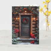 Christmas Log Cabin Pine Trees Red Poinsettia Kaart (Gele Bloem)